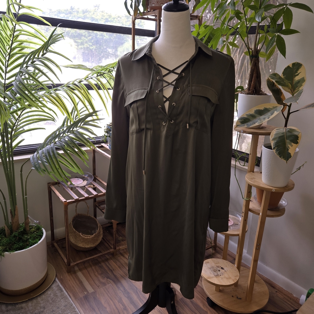 Laundry by Shelli Segal Olive Green Lace-Up Utility Shift Dress Size 8 NWT